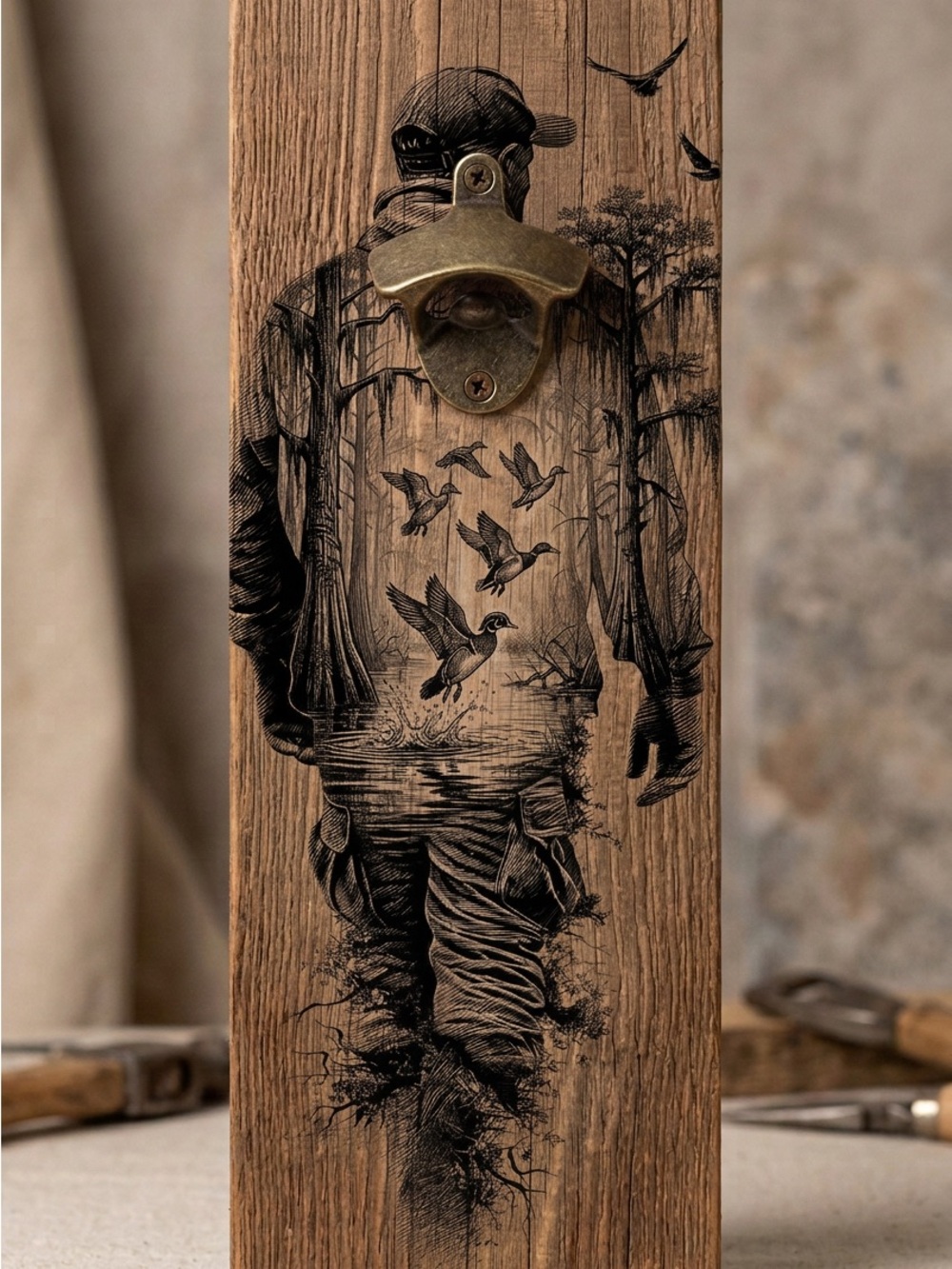 Wood Wall Art Panel with Black Outdoors Silhouette and Bottle Opener